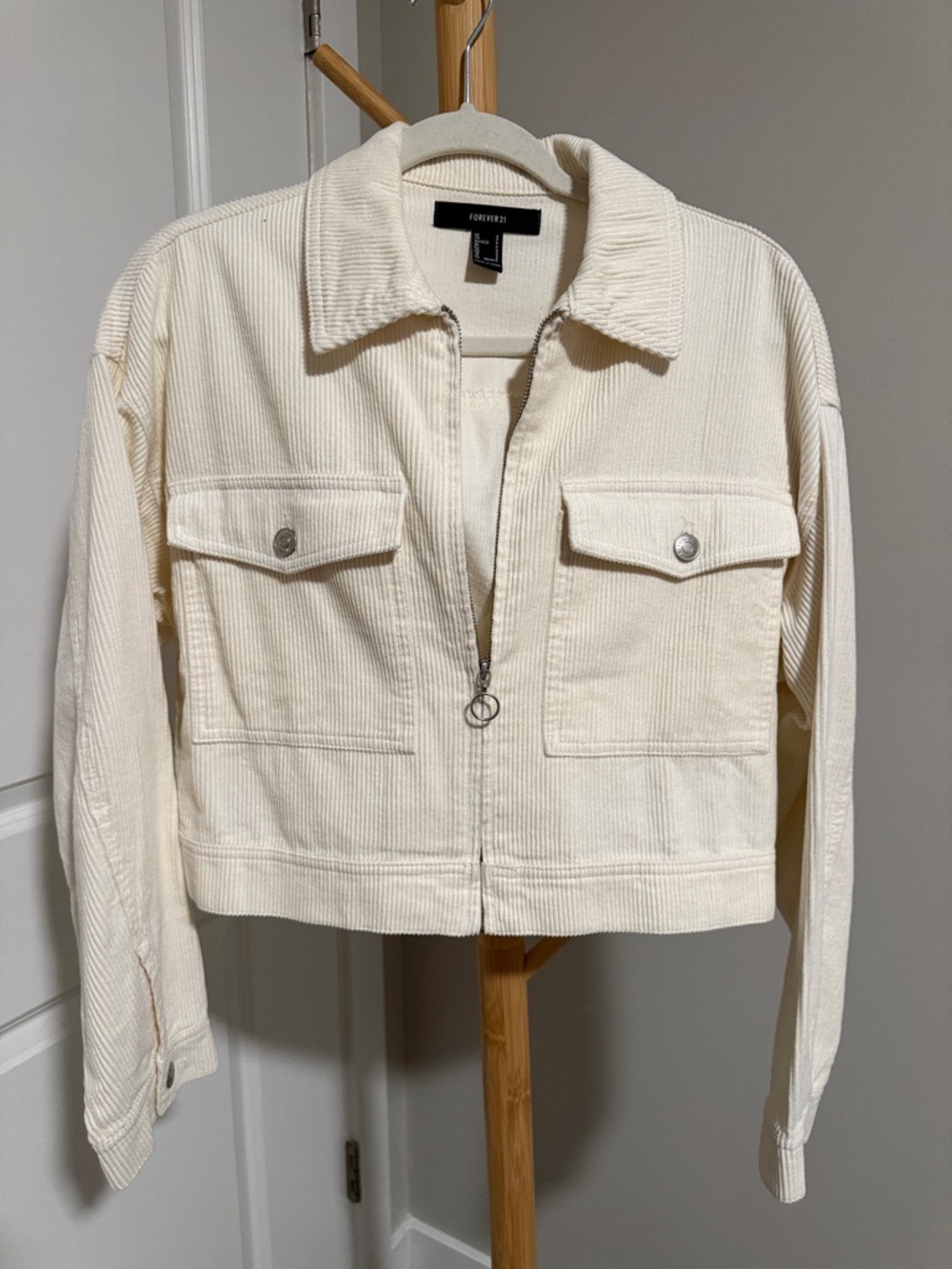 Forever 21 Cream Corduroy Zip Crop Jacket